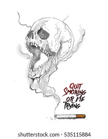 Burning cigarette as a skull shaped design with deadly smoke symbolizing that Quit Smoking or Die Trying. Vector Illustration isolated on White Background. 