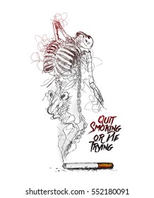 Burning cigarette as a skull shaped design with deadly smoke symbolizing that Quit Smoking or Die Trying. Vector Illustration isolated on White Background. 