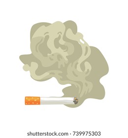 Burning cigarette with smoke, bad habit, nicotine addiction cartoon vector Illustration