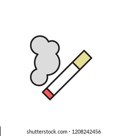 Burning cigarette with smoke. Cartoon design icon. Colorful flat vector illustration. Isolated on white background.