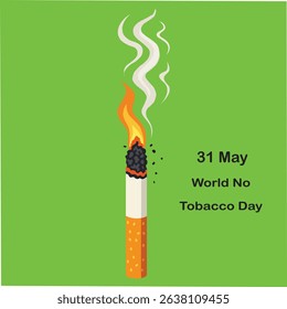 Burning Cigarette with Smoke and Fire - World No Tobacco Day Awareness Vector Illustration in Green screen