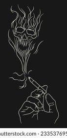 Burning cigarette with a smoke formed skull. Vector line art illustration. Isolated on black background