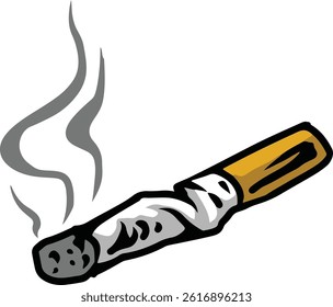 Burning cigarette with smoke rising from the filter tip