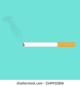 Burning cigarette with smoke vector illustration on turquoise background. Cigarette icon.