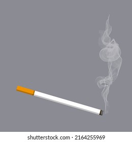 Burning cigarette with smoke vector illustration on gray background. Cigarette icon. EPS