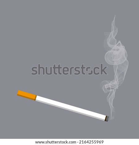 Burning cigarette with smoke vector illustration on gray background. Cigarette icon. EPS