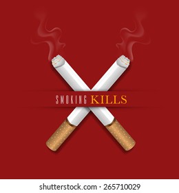 Burning cigarettes in cross shape on red background for No Smoking Day concept.
