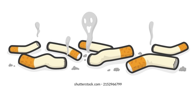 Burning cigarettes piled up on the floor kawaii doodle flat vector illustration