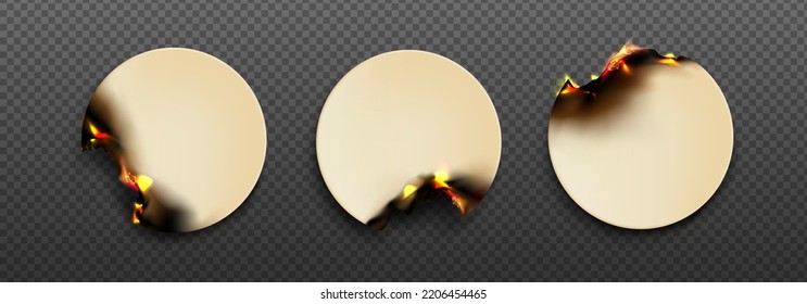 Burning circle paper stickers. Old round notes with fire and black ash on edge isolated on transparent background. Smoldering paper labels with flame, vector realistic set