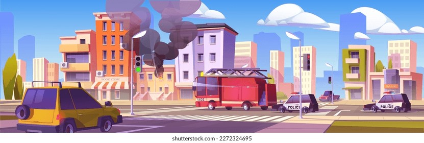 Burning city building and firefighter truck vector cartoon illustration. Fire incident with smoke for insurance background. Burn apartment with sparks in window. Town landscape with police car