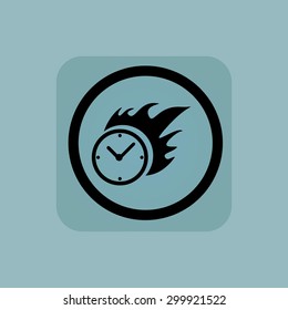 Burning clock in circle, in square, on pale blue background