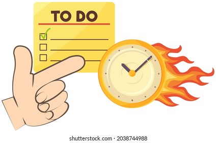 Burning clock and to do list deadline concept with pointing hand. Few minutes left until end of term. Clock shows remaining time to deal with deadlines. Watch with arrows burning on fire. Lack of time