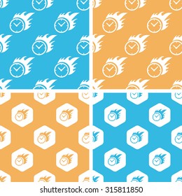 Burning clock pattern set, simple and hexagon, on yellow or blue background
