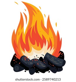 Burning Coal and Charcoal Pile with Flames Cartoon Style Bonfire