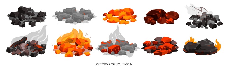 Quemando carbón con fuego. Colores negros de carbón vegetal y rocas calientes se queman en la chimenea con llama roja brillante, cenizas y humo, piedras brillantes quemadas ramas de horno de parrilla ilustración vectorial