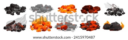 Burning coal with fire set. Charcoal black embers pile and hot rocks burn in fireplace with red bright flame, ash and smoke, burnt glowing stones bunch from grill oven cartoon vector illustration