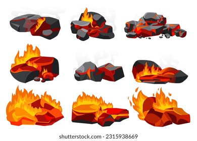 Burning coal with fire set vector illustration. Cartoon isolated black charcoal pieces and hot lump burn in fireplace with flame and smoke, glowing embers and flaming orange stones from grill oven