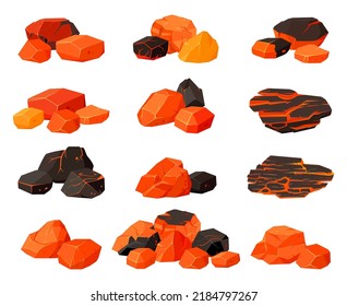 Brûler du charbon, du charbon de bois, des braises fumantes. Charbon brûlant, cheminée à barbecue, ensemble d'illustrations vectorielles flambant chaud au charbon de bois. Paquet de charbon moulant