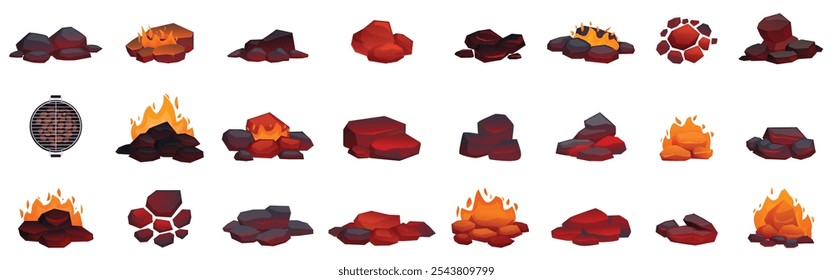 Burning coal icons set. Hot, glowing coal embers provide heat for barbecue cooking, creating a fiery ambiance for outdoor grilling