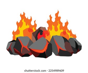 Burning coal. Realistic bright flame fire on coals heap. Closeup vector illustration for grill blaze fireplace, hot carbon or glowing charcoal image