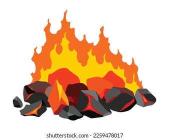 Burning coal. Realistic bright flame fire on coals heap. Closeup vector illustration for grill blaze fireplace, hot carbon or glowing charcoal image