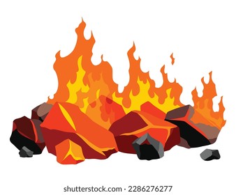 Burning coal. Realistic bright flame fire on coals heap. Closeup vector illustration for grill blaze fireplace, hot carbon or glowing charcoal image - Shutterstock ID 2286276277