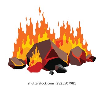 Burning coal. Realistic bright flame fire on coals heap. Closeup vector illustration for grill blaze fireplace, hot carbon or glowing charcoal image
