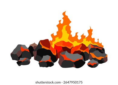 Burning coal. Realistic bright flame fire on coals heap. Closeup vector illustration for grill blaze fireplace, hot carbon or glowing charcoal image