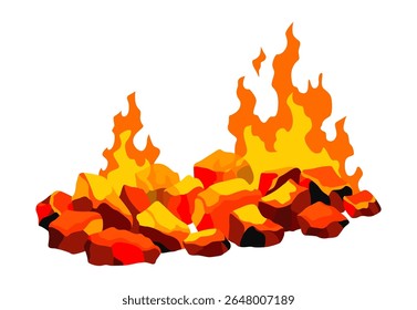 Burning coal. Realistic bright flame fire on coals heap. Closeup vector illustration for grill blaze fireplace, hot carbon or glowing charcoal image