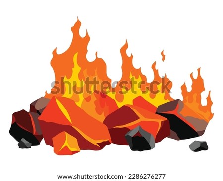 Burning coal. Realistic bright flame fire on coals heap. Closeup vector illustration for grill blaze fireplace, hot carbon or glowing charcoal image