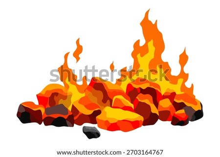 Burning coal. Realistic bright flame fire on coals heap. Closeup vector illustration for grill blaze fireplace, hot carbon or glowing charcoal image