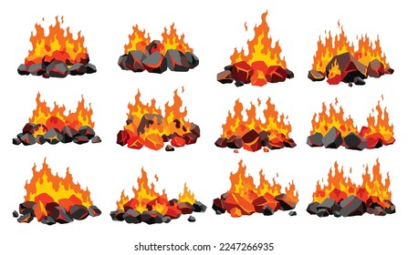 Burning coal set. Realistic bright flame fire on coals heaps. Closeup vector illustration for grill blaze fireplaces, hot carbon or glowing charcoal image