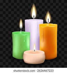 Burning colorful candles isolated on transparent background. Composition of four wax candles. Vector illustration