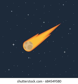A burning comet flying in space and stars. Colorful icon in the flat style. Asteroid in the sky. Vector illustration.