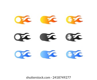 Burning comet icon set. Fire ball. Flat style. Vector icons