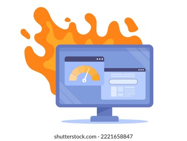 Burning computer icon. Metaphor for poor time management and inefficient workflow. Overdue project and deadline pressure. Panic and stress. Social media sticker. Cartoon flat vector illustration