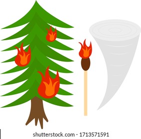 brennendes Nadelspiel und Windkonzept von Natur- und Waldbränden auf weißem Hintergrund