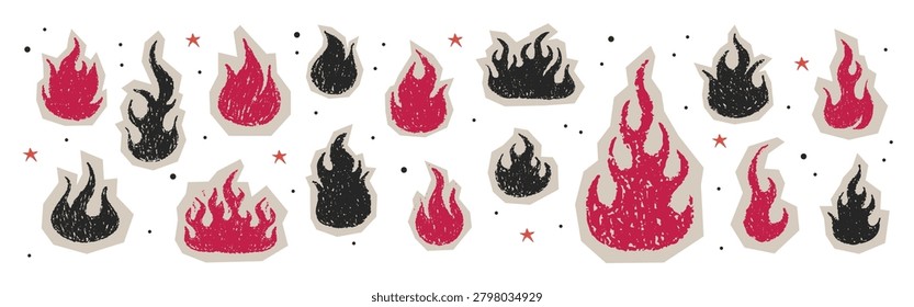 Burning crayon fire. Grunge flame with pencil texture. Wax scribble elements with cutout edges. Set for vintage collage. Vector illustration.
