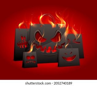 Burning crazy black paper cartoon bags, halloween sale vector web banner template