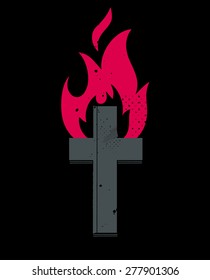 Burning cross on black. Vector illustration