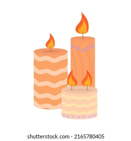 Burning cute wax and paraffin scented candles. Candles decor for home and comfort, holiday decor. Vector illustration eps 10, flat cute candles