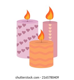 Burning cute wax and paraffin scented candles. Candles decor for home and comfort, holiday decor. Vector illustration eps 10, flat cute candles