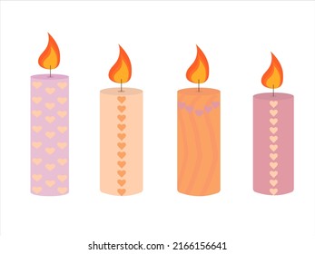 Burning cute wax and paraffin scented candles. Candles decor for home and comfort, holiday decor. Vector illustration eps 10, flat cute candles