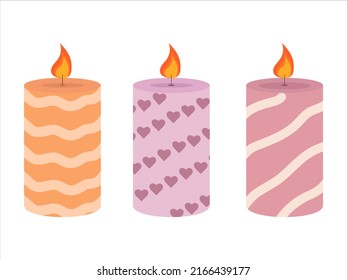 Burning cute wax and paraffin scented candles. Candles decor for home and comfort, holiday decor. Vector illustration eps 10, flat cute candles