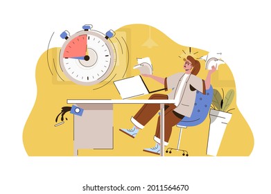 Burning deadline concept. Angry employee does not complete work task situation. Work stress, time management people scene. Vector illustration with flat character design for website and mobile site