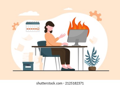 Burning deadline concept. Employee and manager typing, employee in office. Panic and stress, rush. Girl trying to have time to hand in on time, responsible person. Cartoon flat vector illustration