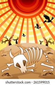 Burning Desert with Dead Animal - flaming red sun rays and terrible scene with died tree and barren soil on a background of drought land and bright yellow sky with stripe pattern : vector illustration