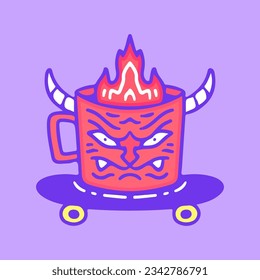Burning devil glass on skateboard, illustration for t-shirt, sticker, or apparel merchandise. With doodle, retro, groovy, and cartoon style.