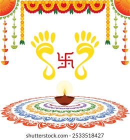 Diya ardiente en el centro de Rangoli con huellas de Laxmi, esvástica y flores colgantes Gráficos, diseño festivo perfecto para celebrar el Diwali y mejorar sus decoraciones