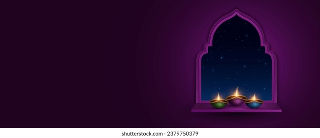 Luces de diya encendidas en la ventana que da al cielo estrellado. Antecedentes del festival de la luz Diwali. Ilustración vectorial. EPS 10.